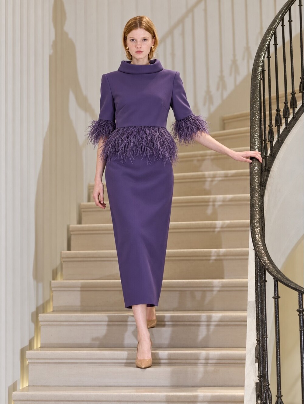 Badgley Mischka Purple Feather Trim Midi Dress Elegant Cocktail Wear sz 4 Modest